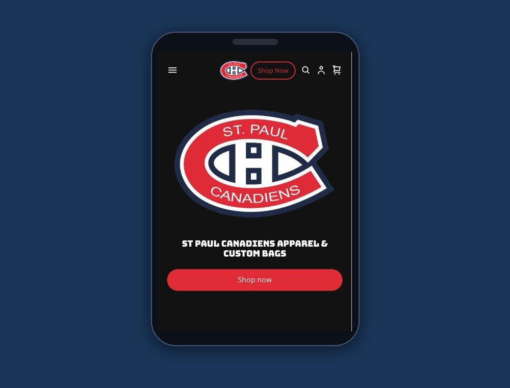 The St. Paul Canadiens team store, built by Dash Pro Sports, on a phone