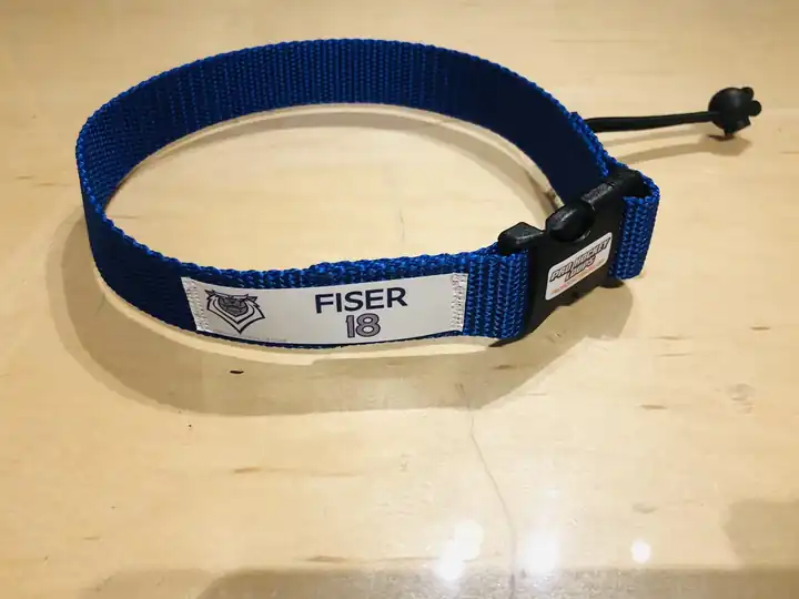 Royal blue DPS Pro Laundry Loop with a printed player name and number tag