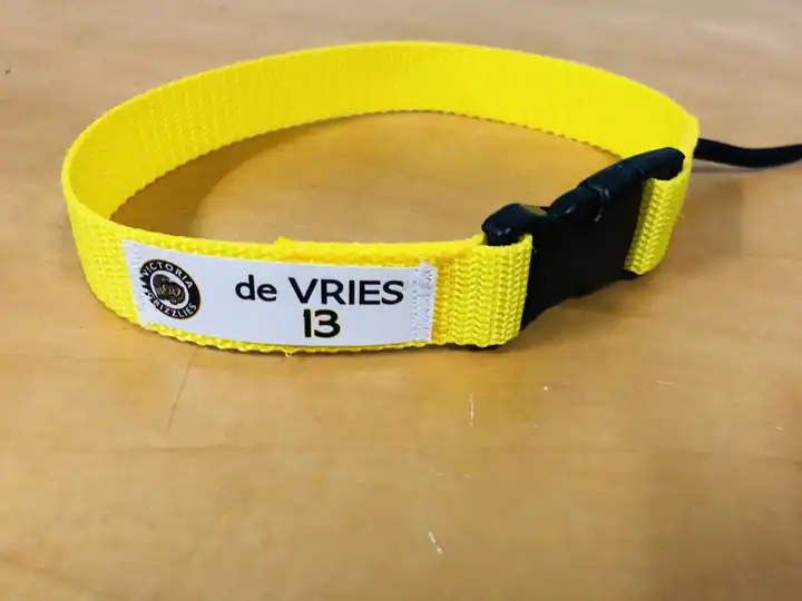 Yellow DPS Pro Laundry Loop with a printed player name and number tag